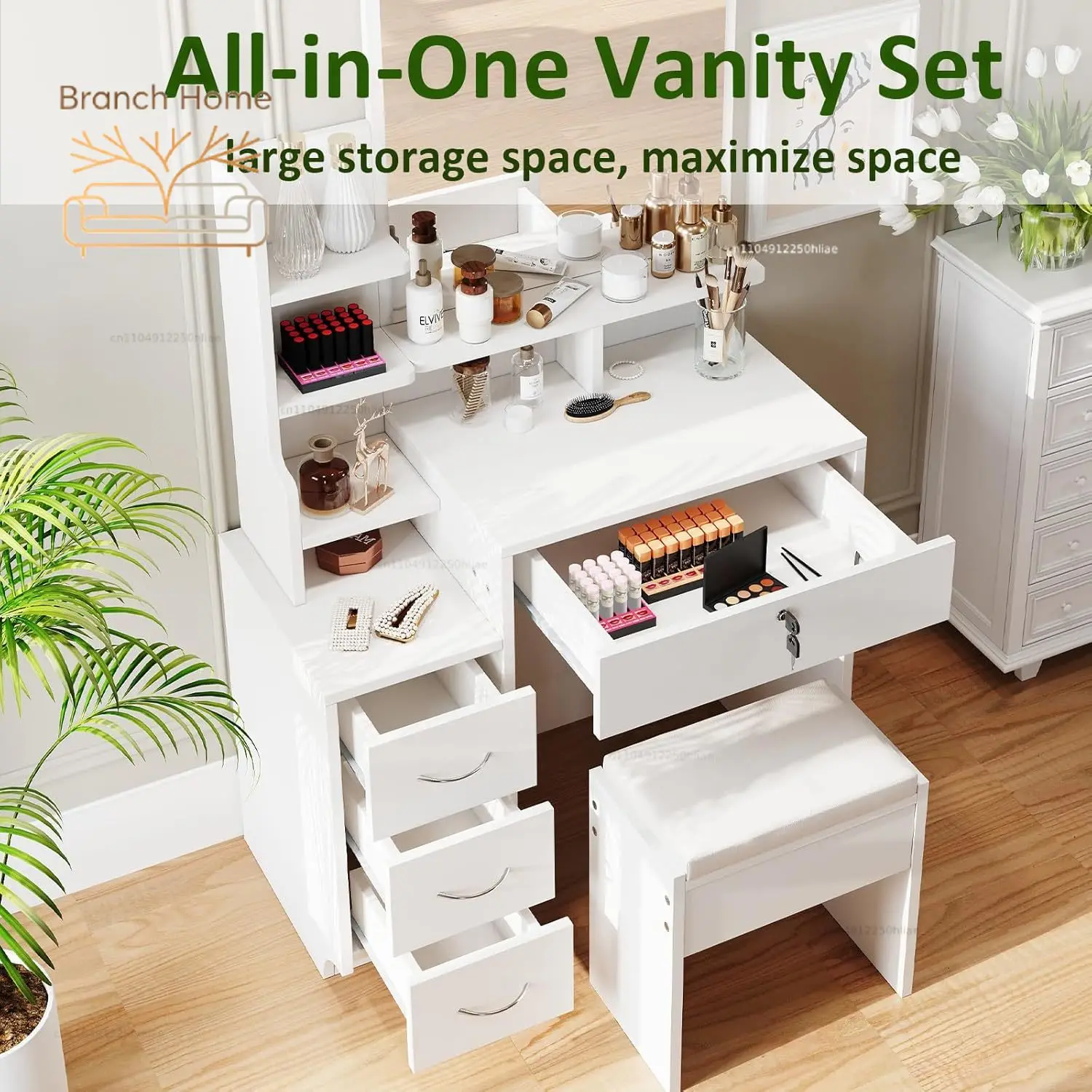 Dripex White Dressing Table with Large Wide Mirror & Soft Stool, Vanity Desk Set with Open Storage Shelves, 4 Wooden Drawers
