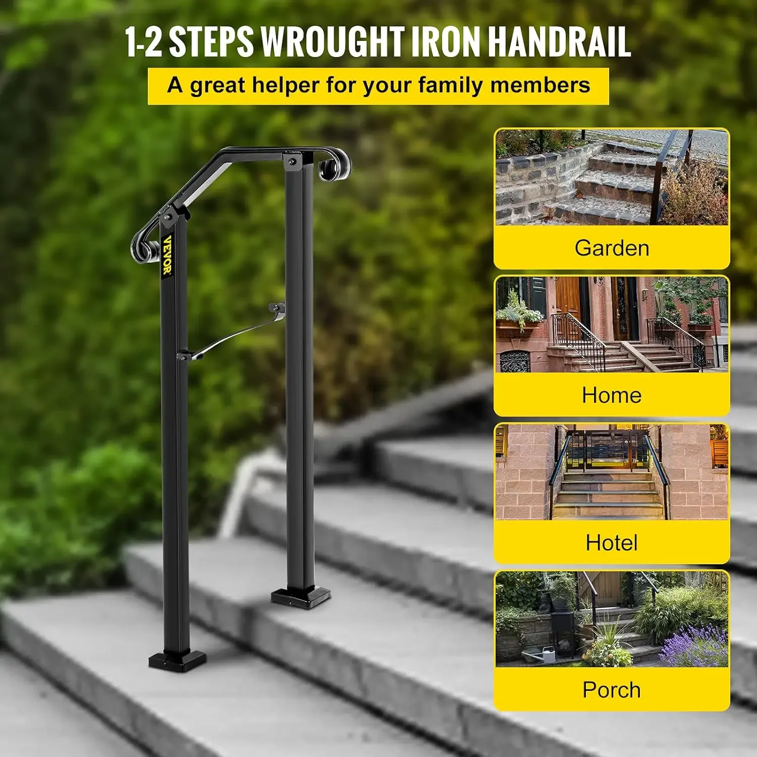 Handrails for Outdoor Steps, Fit 1 or 2 Steps Outdoor Stair Railing, Arch#1 Wrought Iron Handrail, Flexible Porch Railing