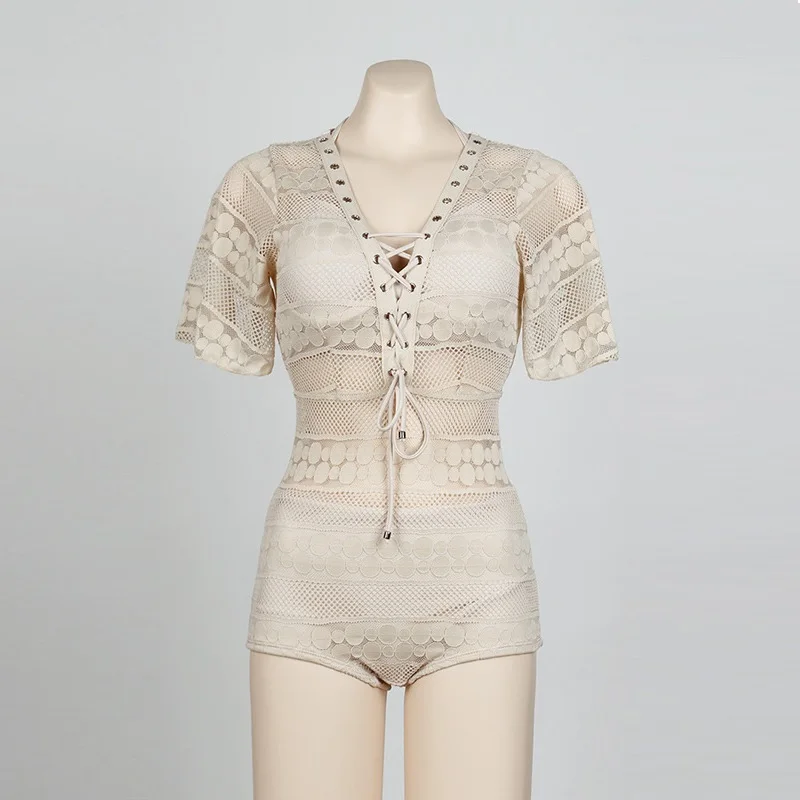 Sexy Spitze einteilige Badeanzug Overalls Frauen solide Sonnencreme Bade bekleidung schnüren Boho Strand Badeanzug Mesh Stram pler Spiel anzüge