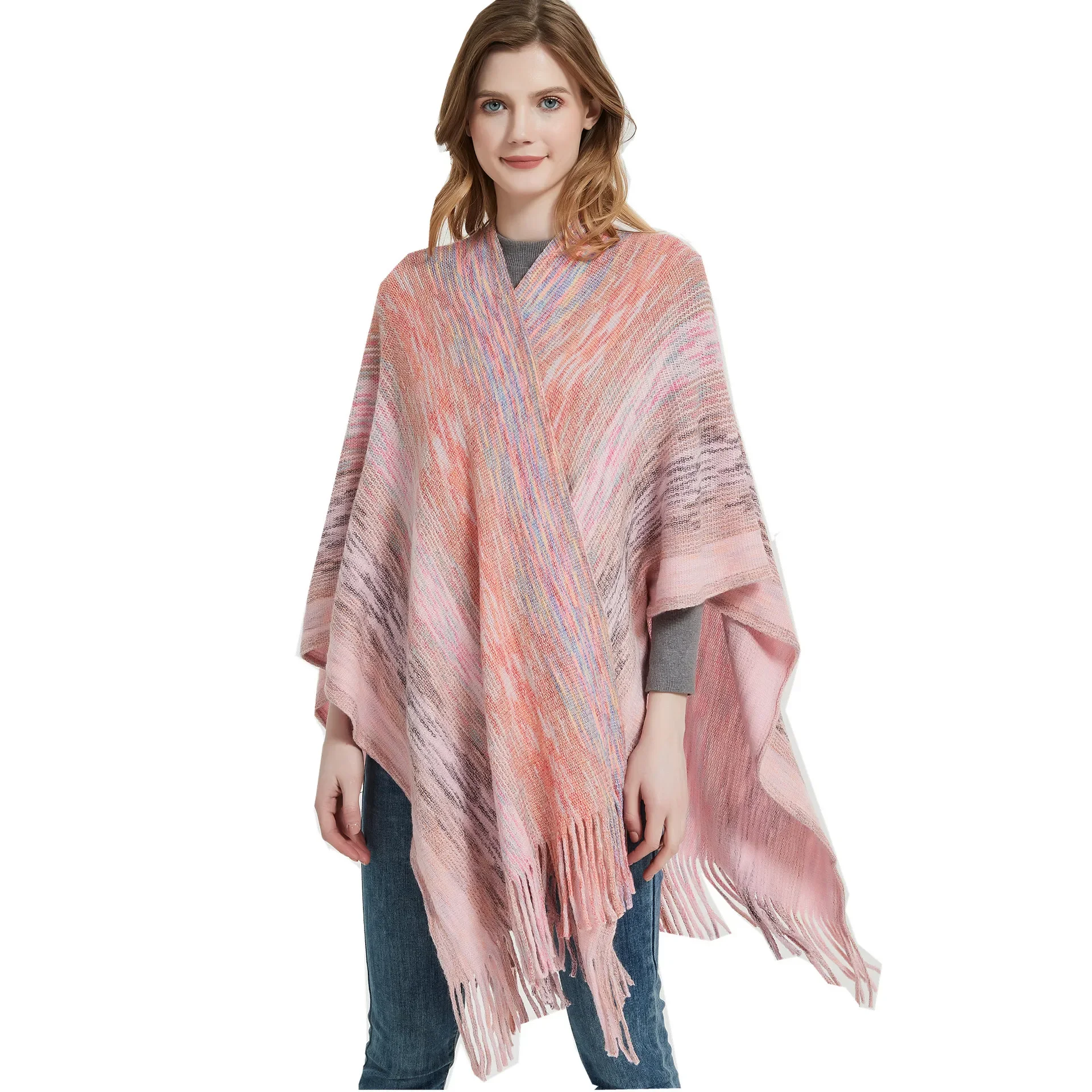 Lente Herfst Vervagen Kleur Kwast Gespleten Sjaal Breien Mode Casual Vrouwen Poncho Dame Capes Beige Mantels