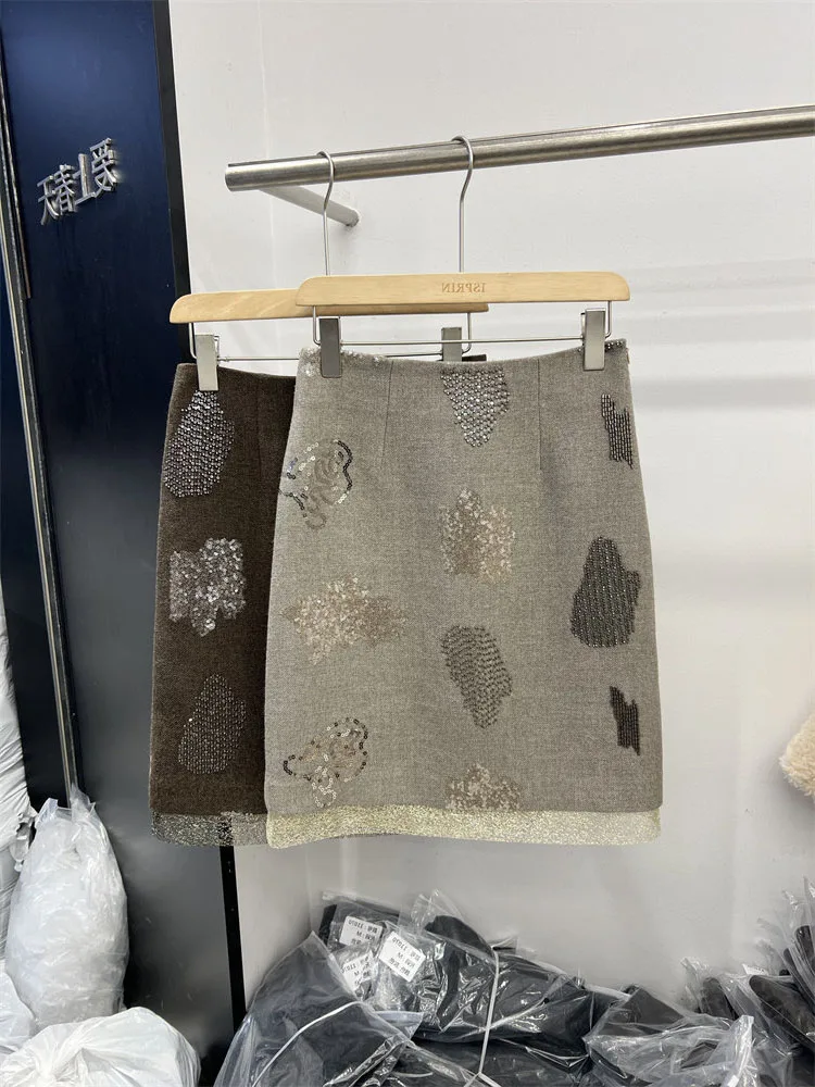 

Женская юбка миди Ele с бисером и пайетками, осенне-зимняя, универсальная, с завышенной талией, А-силуэт, блестящая, длиной до колена
