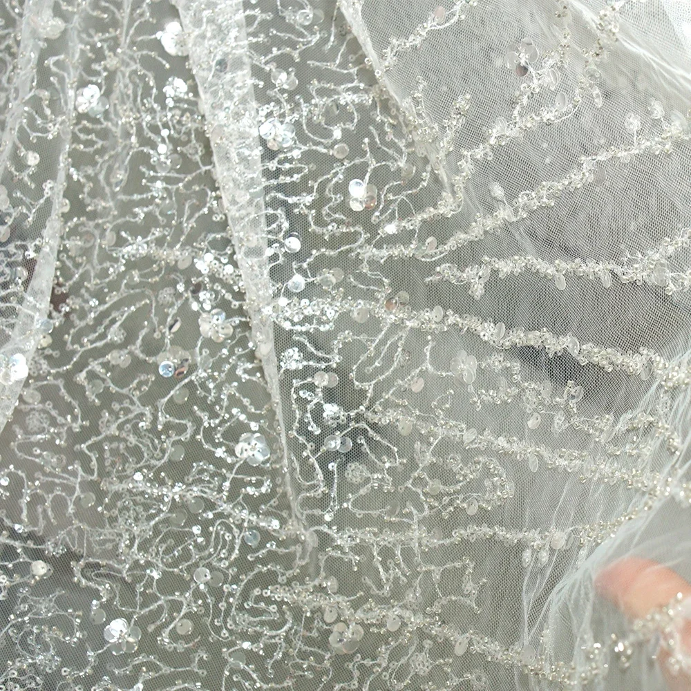 Роскошная кружевная сетчатая ткань с блестками и бисером, блестящая серебряная вышивка, тюль для свадебного платья, костюма, сделай сам, ремесло от кутюр