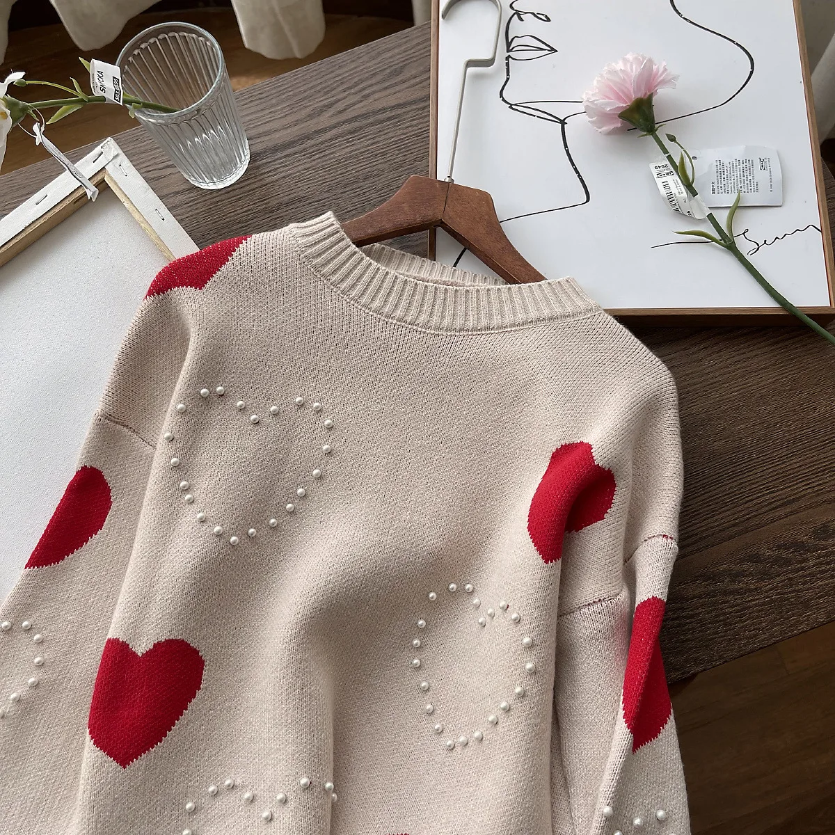 Jersey de manga larga con cuello redondo para mujer, ropa coreana con perlas, corazón suelto, otoño e invierno, 2023