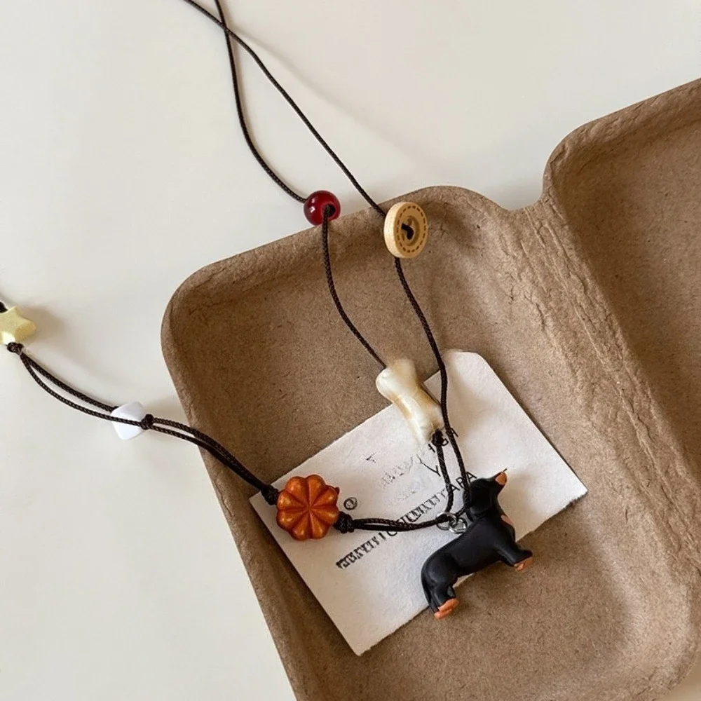 Cute Stereo Dachshund Flower Black Rope Long Necklace Balloon Dog Pendants Sweater Chain for Charm Design Jewelry Accessory Gift