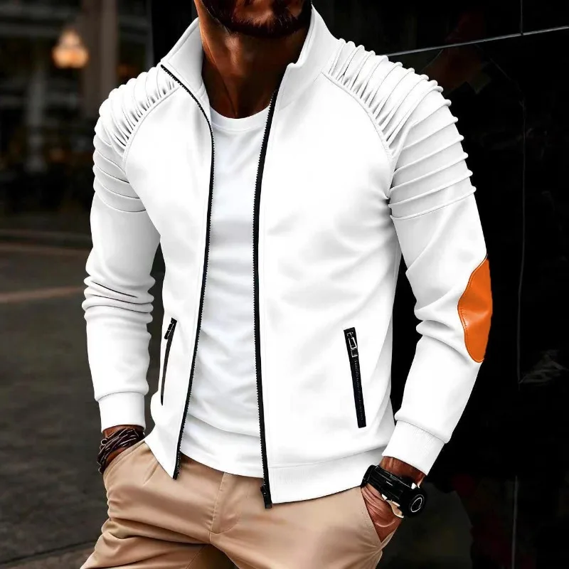 Herren Kontrast-Farben Patchwork Bomberjacke Stehkragen Reißverschluss Lässige Sportjacke mit Faltendetail