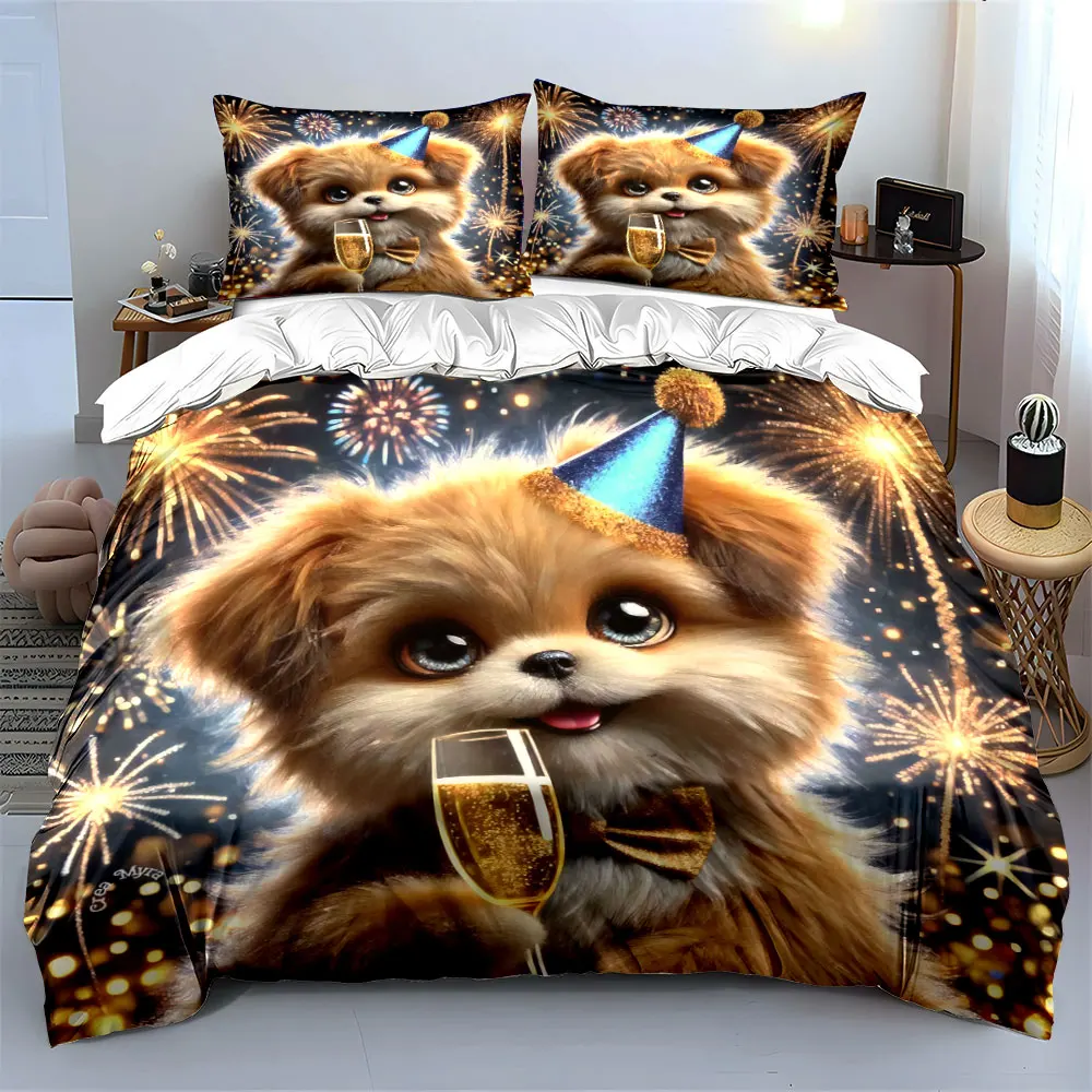 Adorable dog in party hat enjoying celebrations Print Duvet Cover Bedding Set Included 1*Duvet Cover 2*Pillowcases