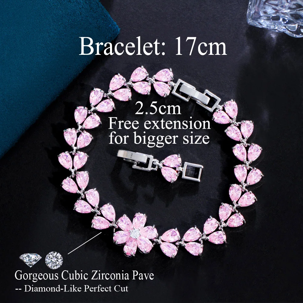 CWWZircons Delicate Flower Leaf Shape Cluster Pink Red Cubic Zirconia Crystal Link Chain Bracelets for Women Wedding Party CB315