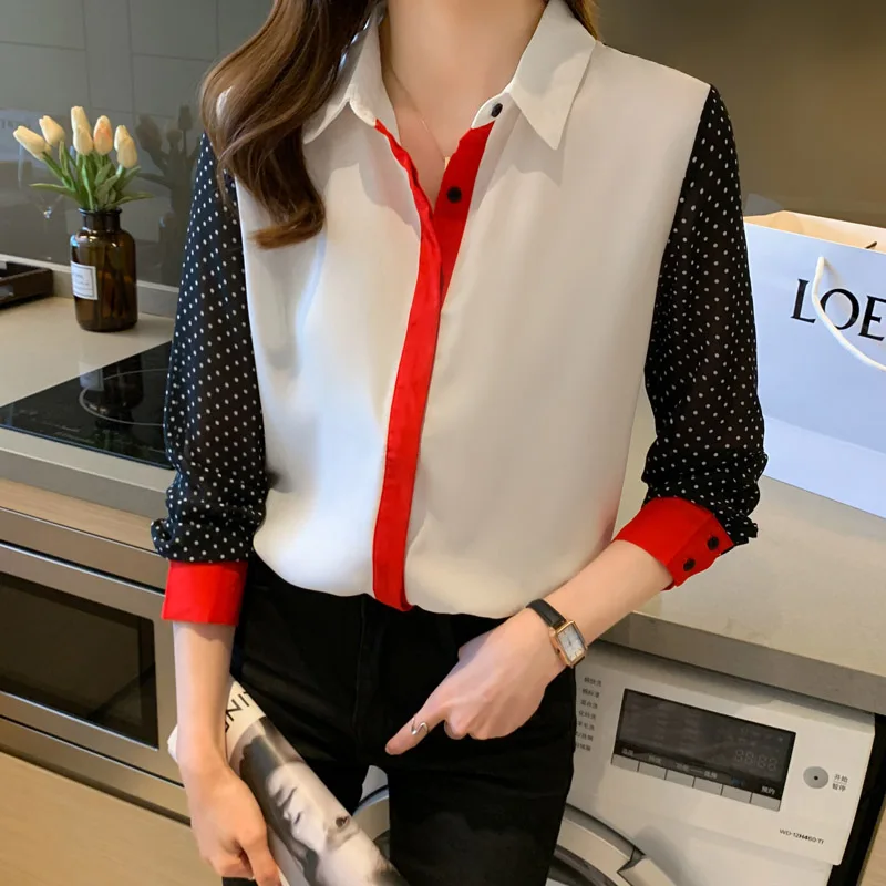 Women Fashion Red Striped Spliced Chiffon Shirts Spring Button Elegant Loose Casual Button Cardigan Vintage Contrast Style Top