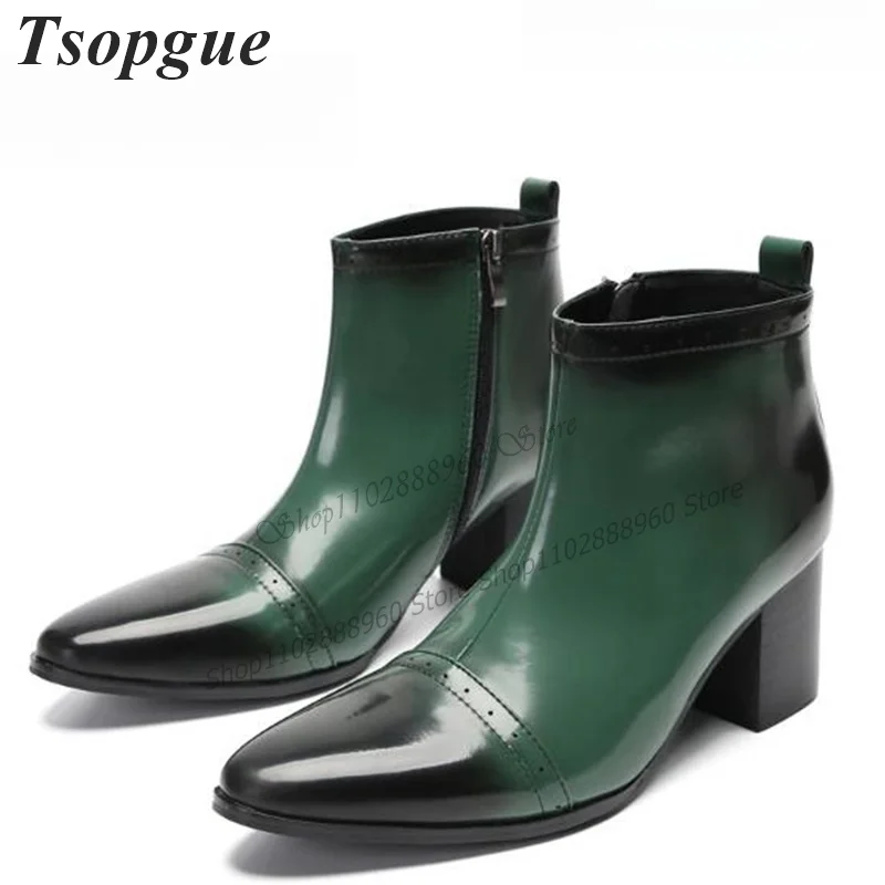 

Gradient Green Leather Carve Men Shoes Men's Ankle Boots Side Zipper Thick Heel Runway Casual Party Shoes 2023 Zapatillas Mujer