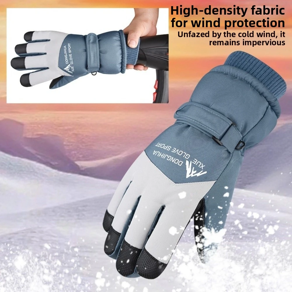Fleece Lined Winter Skiing Gloves Touchscreen Anti-slip Plush Warm Riding Gloves Anti Loss Buckle Windproof