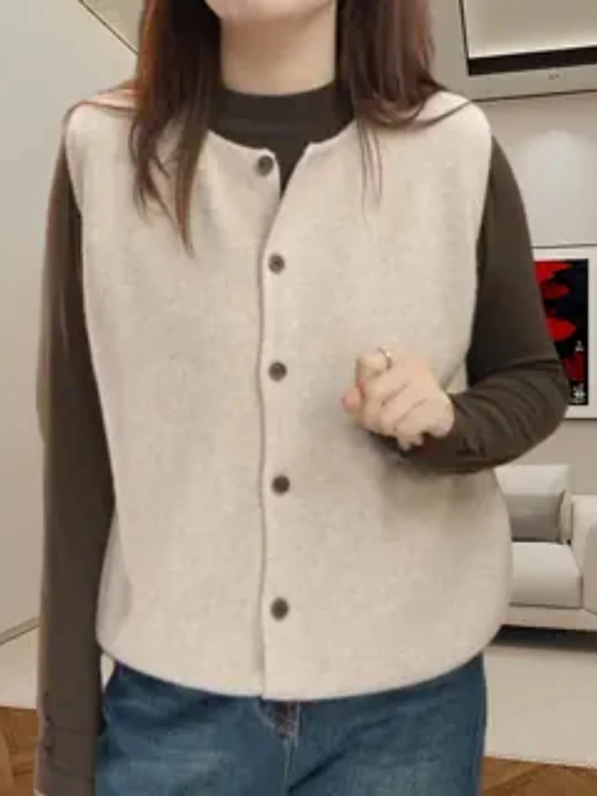 

Autumn Winter Knitted Vest Women Loose Conceal Personality Versatile Base Shirt Single Button round Neck Sleeveless Vest Top