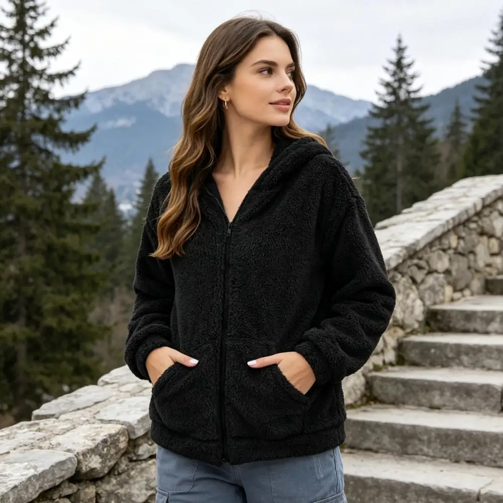 Relaxed Fit Fleece Jacket Women’s Oversized Fleece Jacket with Pockets Warm Hooded Coat Long Sleeve Zip-up Hoodie for Fall