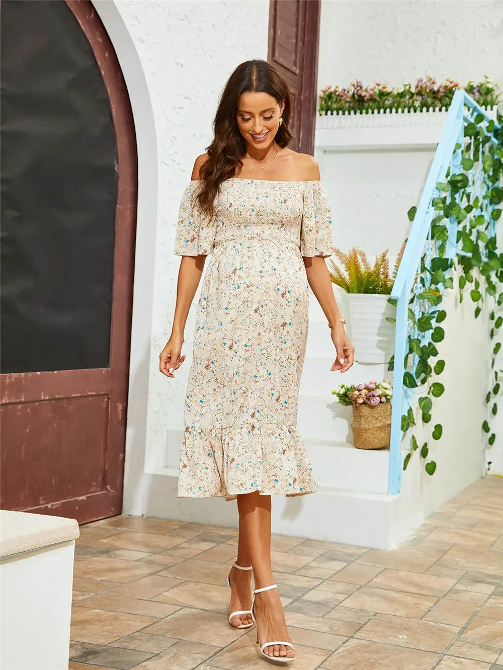 Summer Floral Maternity Chiffon Dress Casual Long Pregnancy Photoshoot Dress For Pregnant Women Short Sleeve Photography Clothes