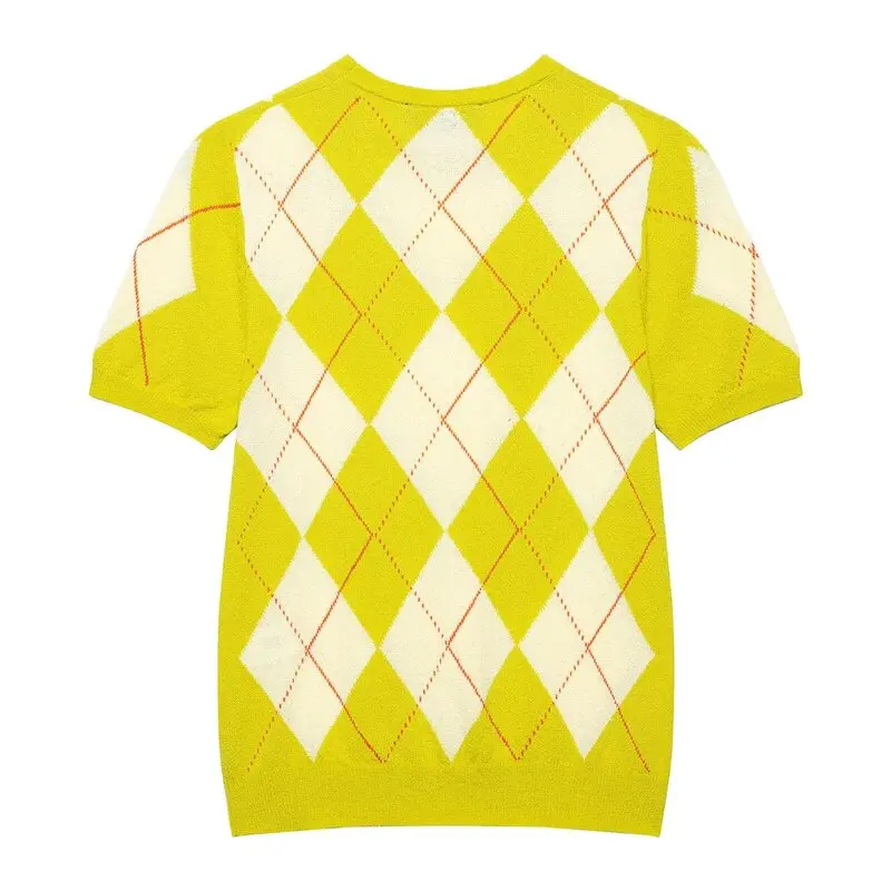 Spring 2025 Women's Knitted ort Sve round Ne Sweater Diamond Pattern Sweet Sle Regular Length Overhead Decoration