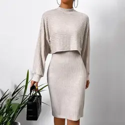 Two-piece Set Dress +Top Suit Women  Long Sleeve Sweater V Neck Sheath Slim Fit Sleeveless Midi Dress Outfit