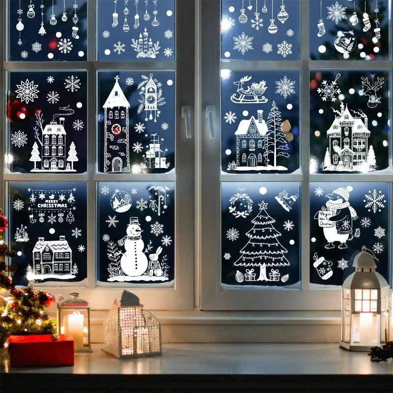 9 أوراق/مجموعة من ملصقات النوافذ الثابتة الجديدة لعيد الميلاد - ندفة الثلج البلورية القابلة للفصل وتصميم الرنة