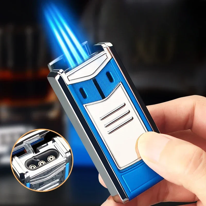 Metal Gas Turbo Torch, Cigar Lighter, Windproof, Three Straight Flush, Blue Flame, Multifunction Inflation Lighter, Men's Gift