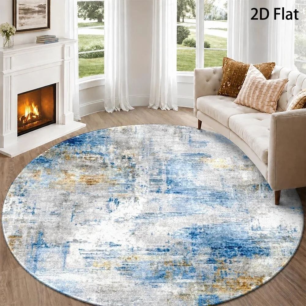 Artistic Watercolor Round Rug, Teal Green Golden Mottled Smudged Effect Circular Floor Mat, for Living Room Bedroom