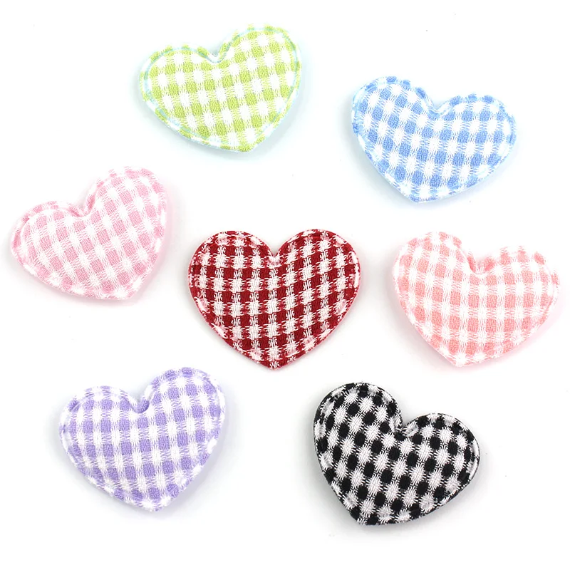 70Pcs 3*3.5cm Plaid Fabric Heart Padded Appliques For DIY Headwear Hairpin Crafts Decoration Clothing Accessories