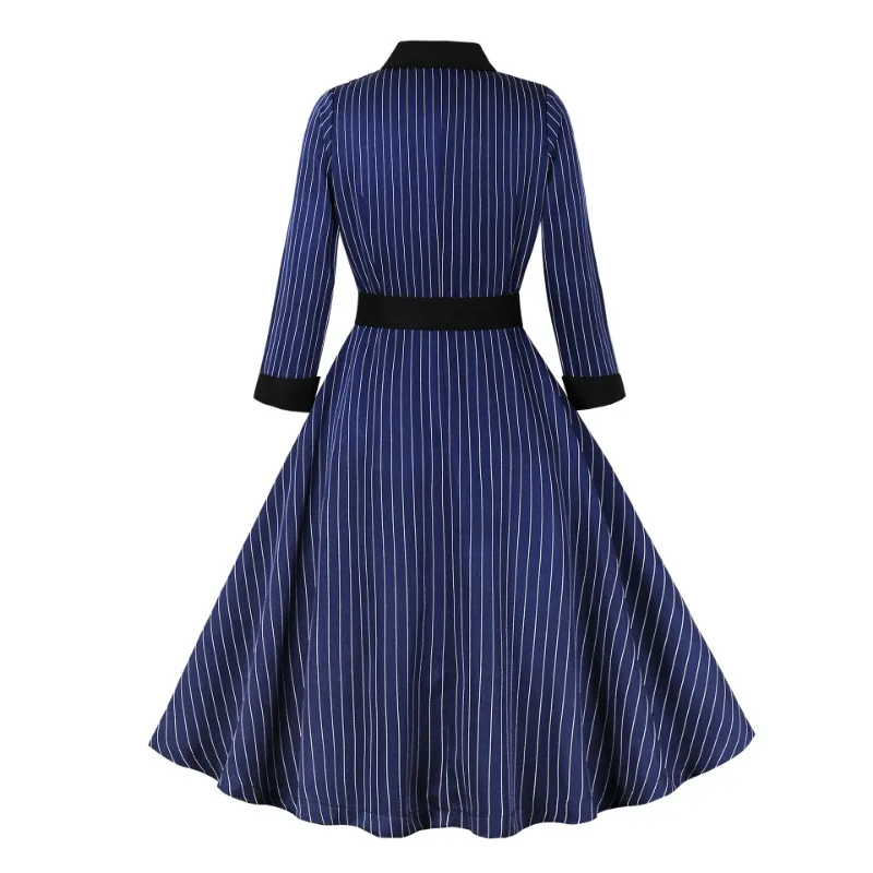 Women Pin Up Stripe Print Fashion Party Dress Spring Summer Long Sleeve Vintage Robe 2024 New 50s Rockabilly Swing Dress Vestido