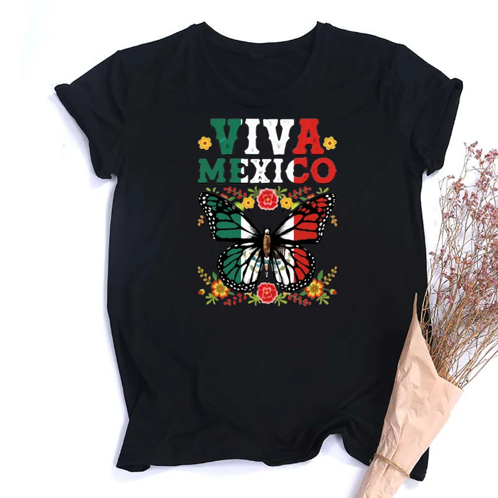 Summer Retro Tshirt Tee Graphic Tops Fashion Female Short Sleeve T-shirt Viva Mexico Butterfly Flower Printed Girl T Shirt Womer
