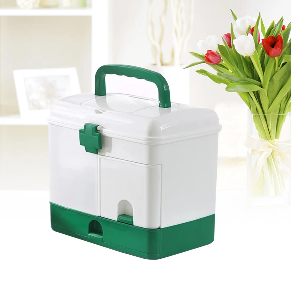 صندوق دواء متعدد الطبقات من البلاستيك الأخضر مع تصميم مقبض ودرج للمنزل ومجموعة المساعدة سهلة الحمل كبيرة #6