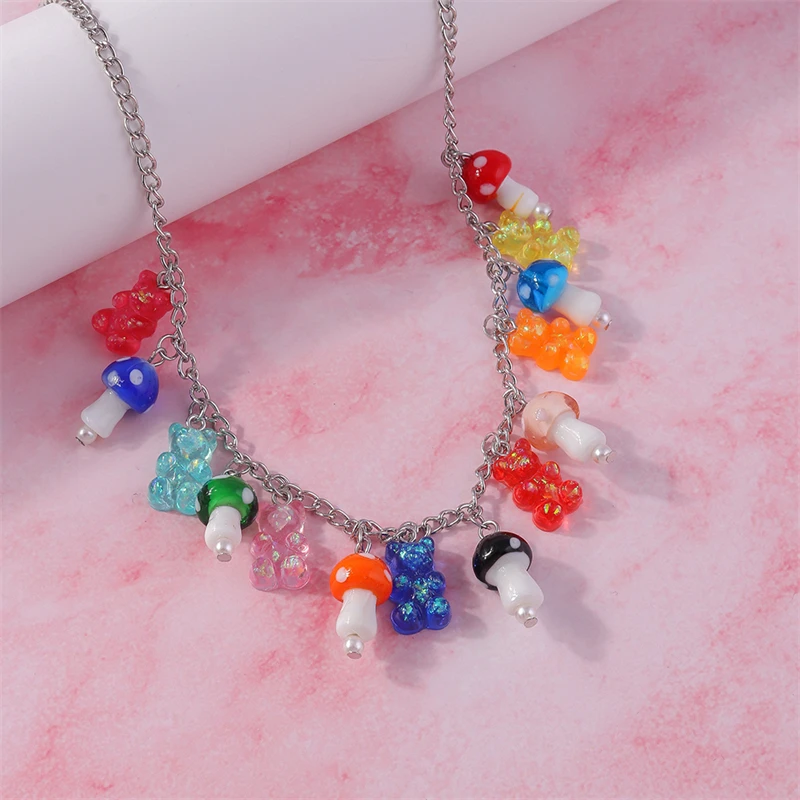 Fashion Mushroom Necklace Cartoon Candy Color Resin Animal Bear Pendant Necklace for Women Girl Party Jewelry Gifts