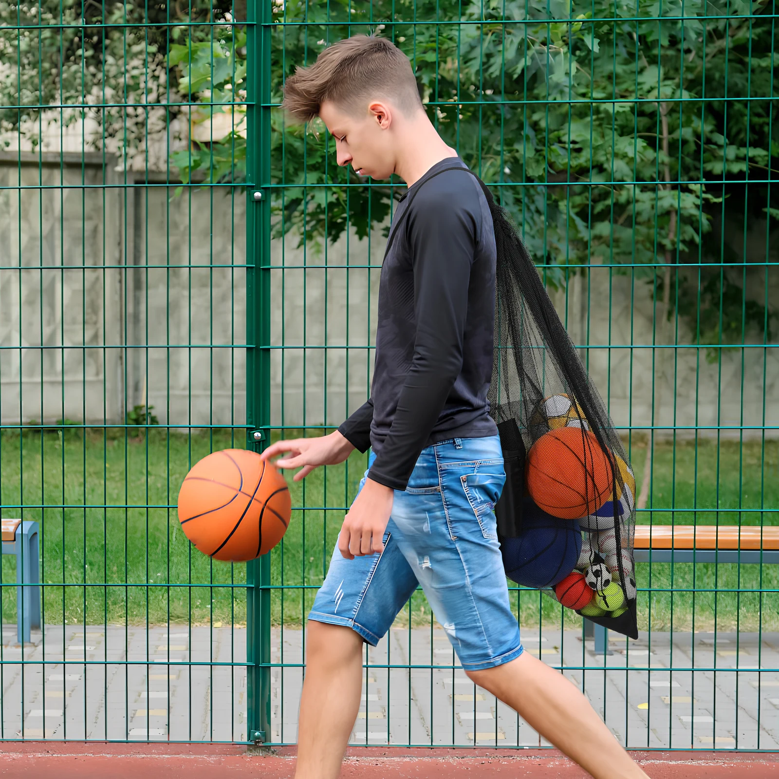 

Big Ball Net Bag Sports Soccer Basketball Mesh Equipment Bag Coaches Black Large Capacity Storage For Balls Zippered Pocket