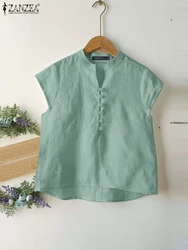 ZANZEA Women Vintage Stand Collar Shirts 2024 Summer Casual Short Sleeve Solid Color Cotton Blouses Elegant Button Up Camisas