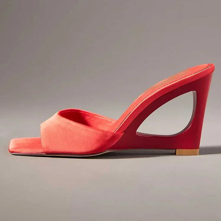 

Red Open Square Toe Sculptural Wedge Heel Mules Sandals