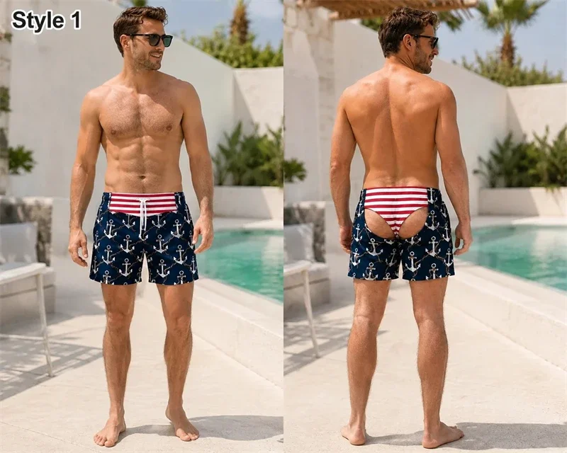 Herren-Badehose mit neuartigem Cutout-Design, 3D-Grafikdruck, lustigem tropischem Tiermuster, Kordelzug, schnelltrocknend, Strandparty-Shorts – Detail 7
