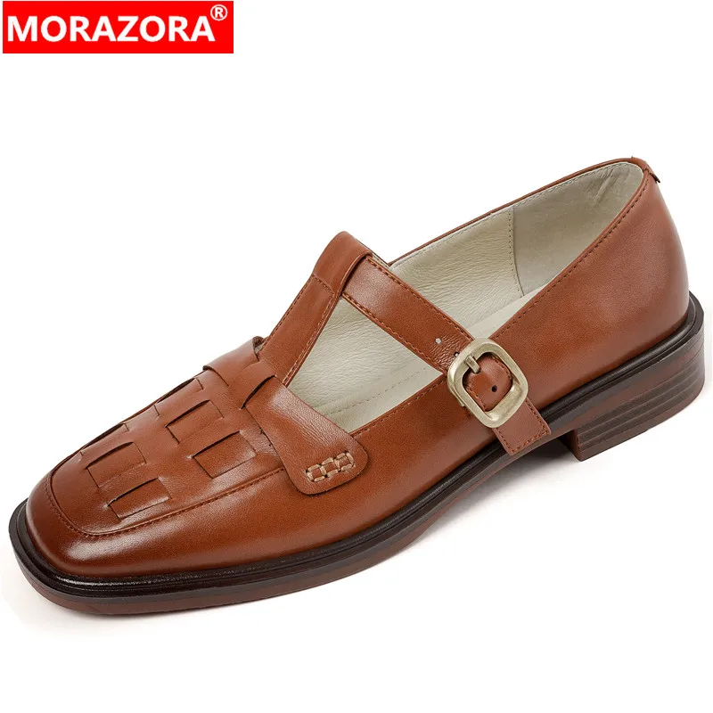 

MORAZORA 2024 New Retro Genuine Leather Women Pumps Buckle Square Med Heels Single Shoes Spring Office Ladies Shoes