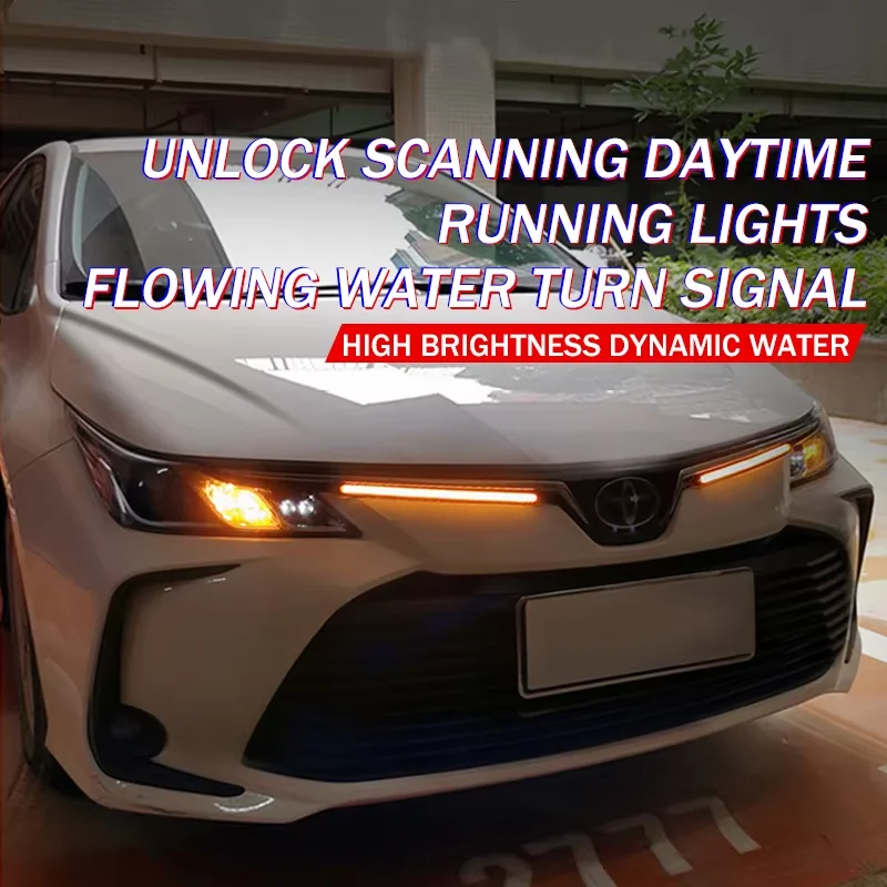 Lampu depan mobil LED DRL, Strip lampu depan mobil siang hari, lampu fleksibel tahan air, sinyal berbelok kuning, lampu aliran rem 12V 2 buah