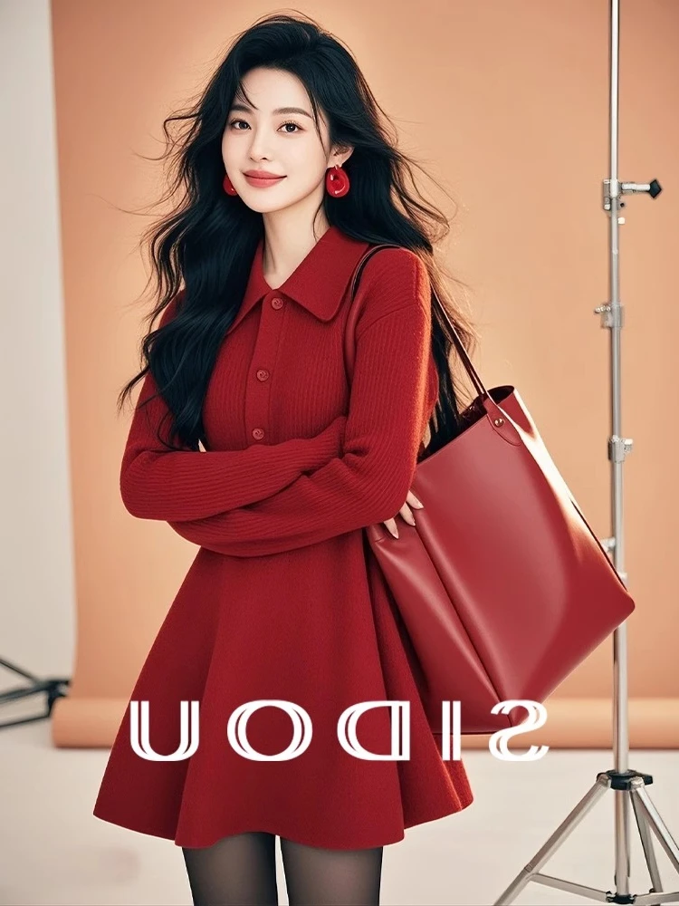 

Ele Red Knitted Dr Women's Faion Slimming Age-Defng Winter New Arrival Korean Sle Commute Applicable All Body pes