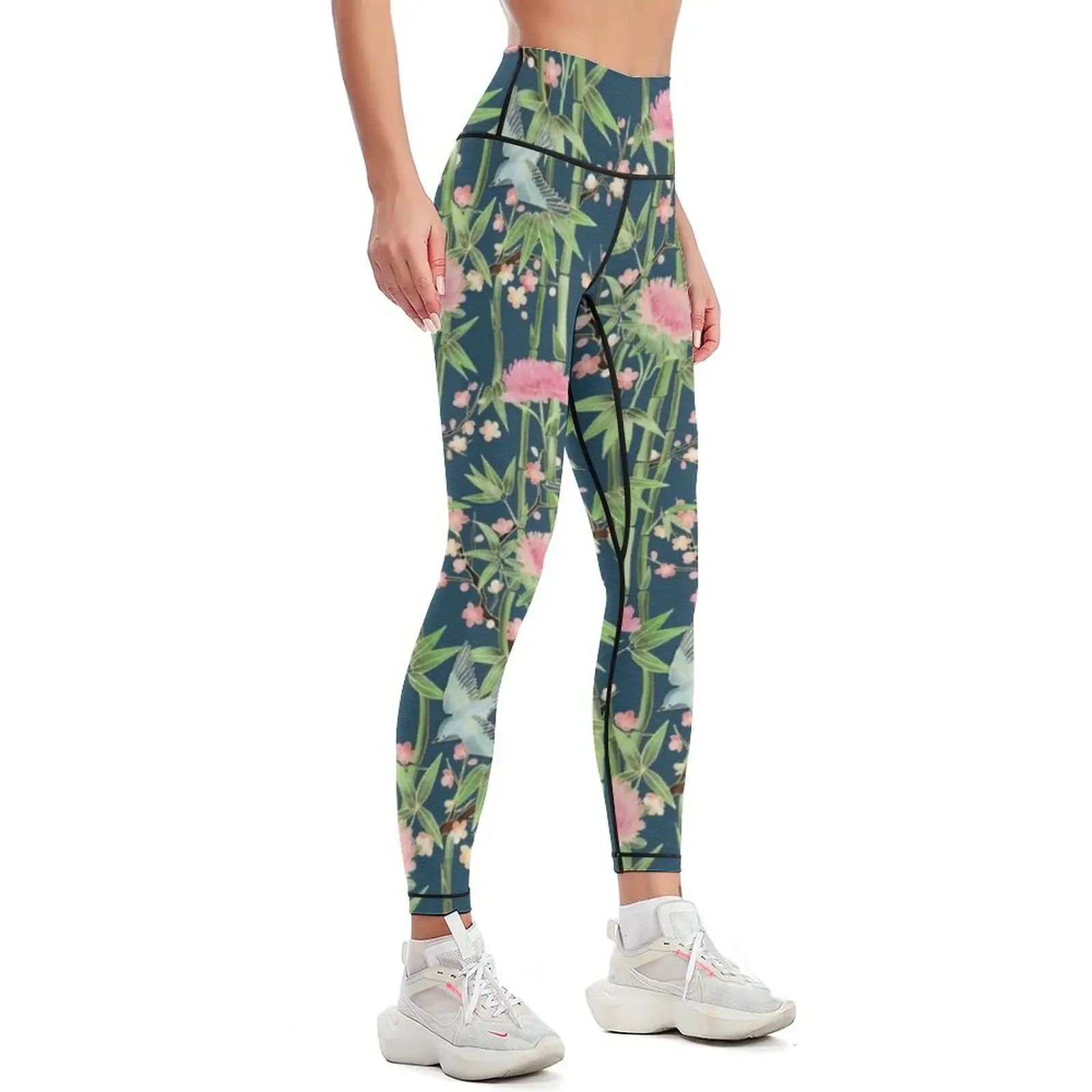 Bamboo, Birds and Blossom - dark teal Leggings sports for push up gym clothing Womens Leggings