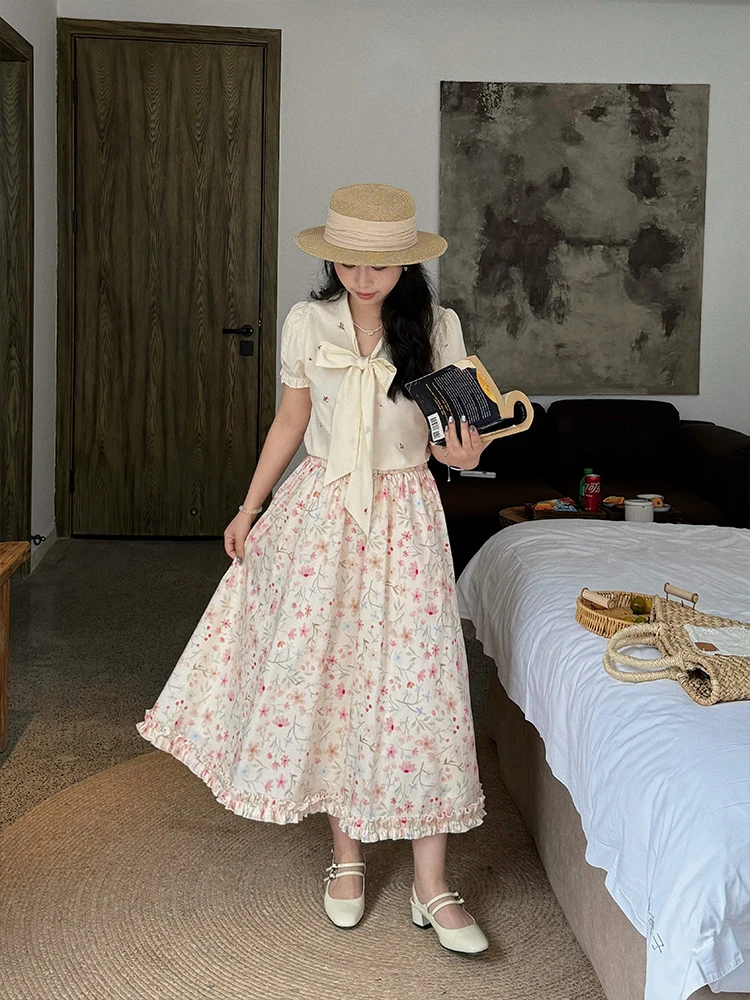 

Summer Floral Print Elastic High Waist Maxi Skirt with Lace Hem A-Line Korean Sle Women's f-length Skirts Ci Commute