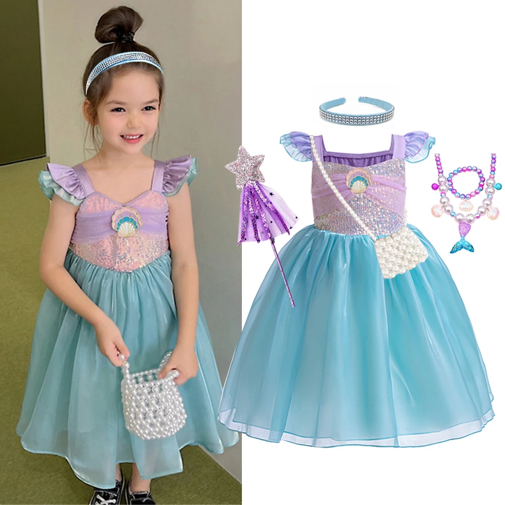 Summer Mermaid Dress for Kids Girl Casual Flying Sleeve Princess Vestidos Sequin Top Fancy Birthday Party Dress 1-8Y Child Girl