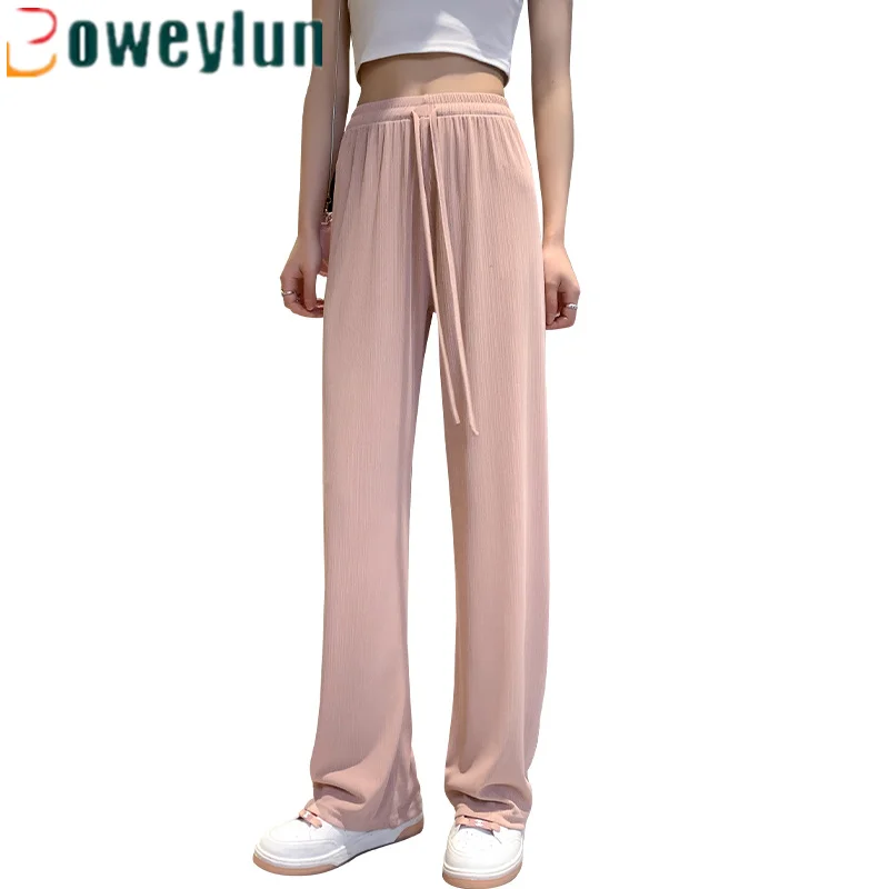 

Boweylun Ice Silk Draped Sensation Wide Leg Pants Women's Summer Thin High Waist Straight Pants Casual Long Trousers Girls