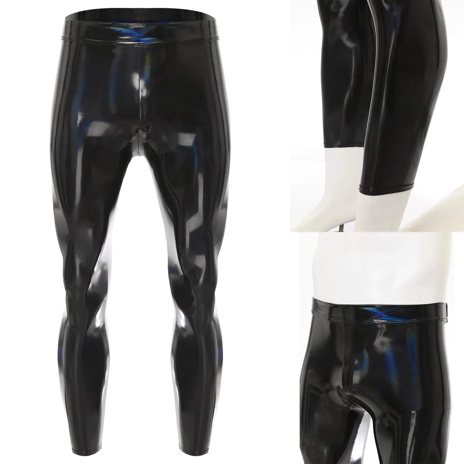 Mens Oil-shiny Hot Pants Stretchy PU Leather Callf-lenght Tight Pants Elastic Waistband Trousers Pants for Party Club Costumes