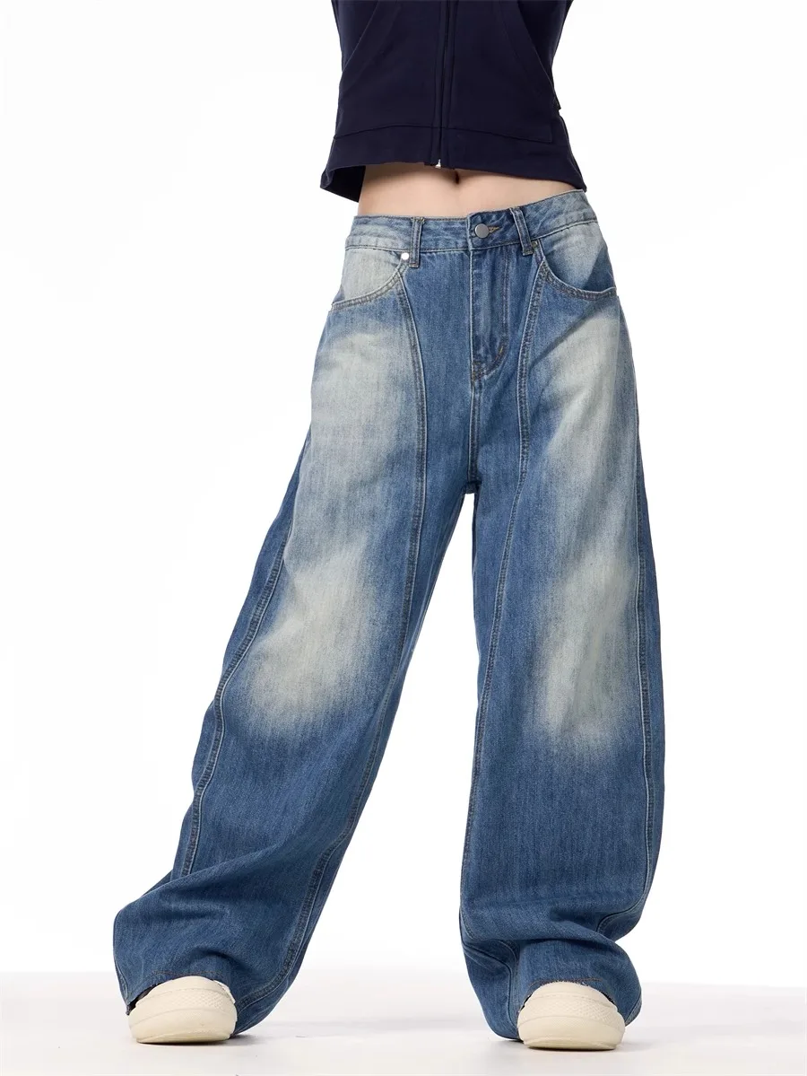 

European Retro Washed Lightning Patterned Wide Leg Curved Jeans For Women'S Summer Loose Straight Leg Silhouette Pants