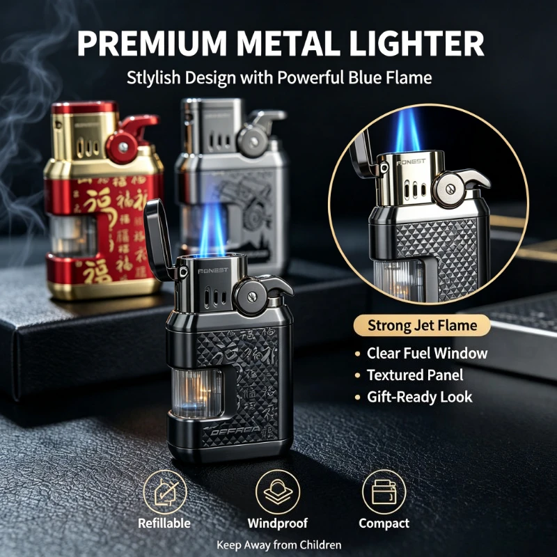 HONEST 2026 New Metal Cigar Lighter, Double Flame Windproof Lighter with Visible Gas Window, High-end Smoking Gift for Men