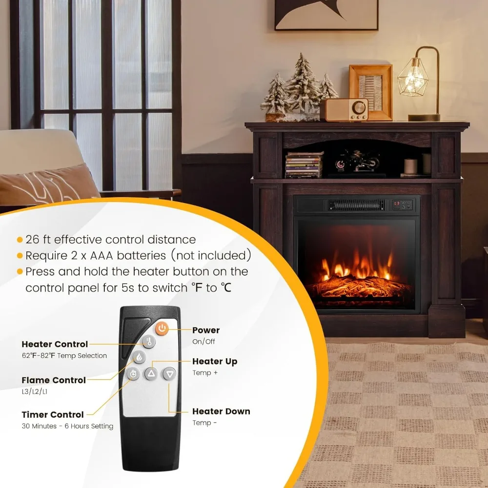 32" Electric Fireplace with Mantel, 1400W Freestanding Heater with Remote Control & Adjustable Brightness.