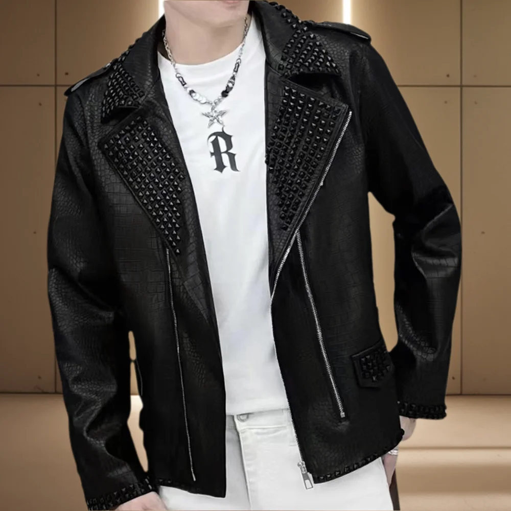 High Quality Metal Rivet Decoration Jacket Men Jaqueta Bomber Men Jacket Coat Red Black Luxury Fashion Punk Club Outfit Jacket