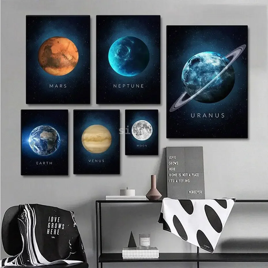 Solar System Planets Earth Moon Sun Venus Jupiter Mars Uranus Art Poster Canvas Painting Modern Home Living Room Wall Decoration