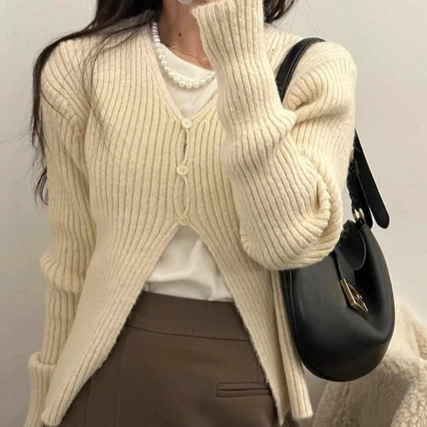 Pull tricoté chic vintage à bouton unique, élégance simple, design anti-âge, polyvalent, haut d'automne, mélange acrylique de qualité longue...