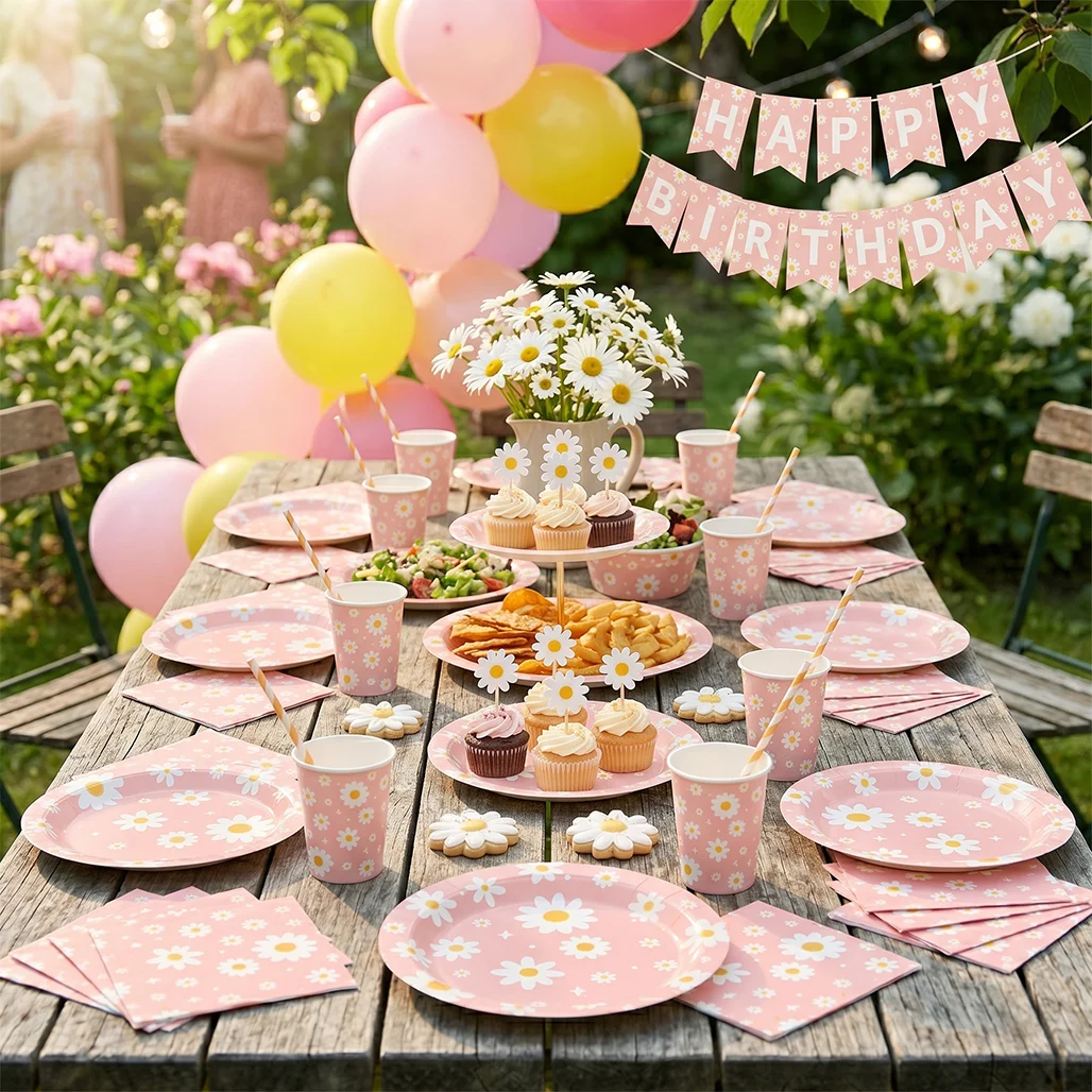 80pcs Pink Daisy Disposable Tableware Set Floral Paper Plates Cups Napkins For Baby Shower Girls Birthday Party Supplies