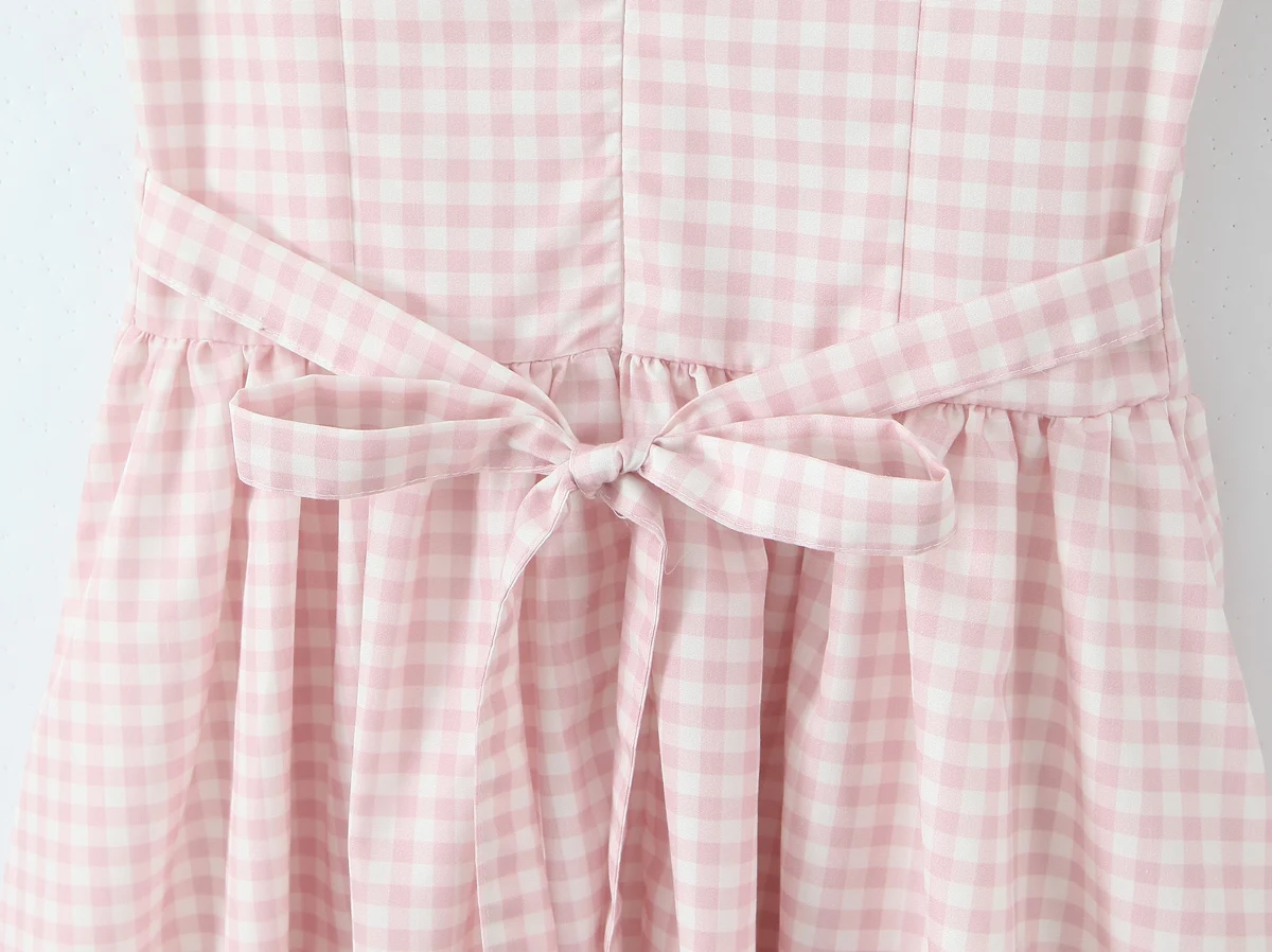 Zoete Roze Plaid Voorste Knop Korte Bladerdeeg Mouw Midi Jurk Vrouwen Boog Sjerpen Lage Taille Ruches A-lijn Swing Lange Jurken vestidos