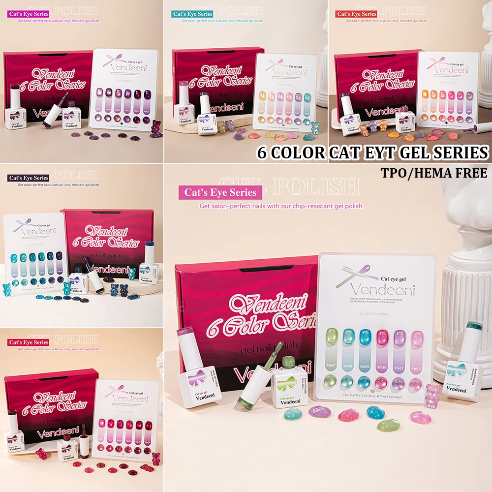 

Vendeeni 6 Colors/Set Crystal Cat Eye Gel Nail Polish Semi Permanent Magnetic Glass Beads UV Soak Off Gel Varnish With Display