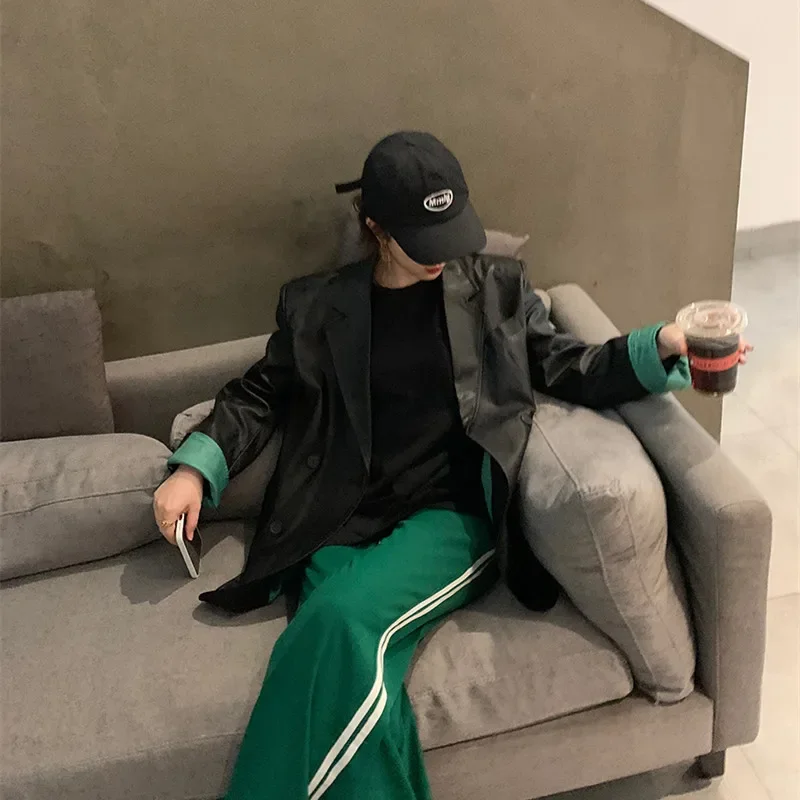 2025 봄 가을 한국 느슨한 더블 브레스트 여성 블랙 가짜 가죽 블레이저 옷깃 긴 소매 여성 Outwear Abrigo Mujer