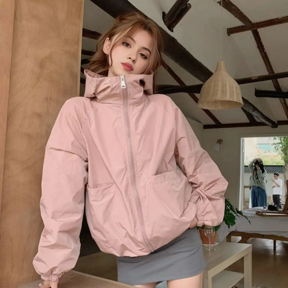 Women Coat Stylish Women's Hooded Jacket with Zip-up Closure Long Sleeves Pockets for Fall Spring Outdoor Activities Solid Color